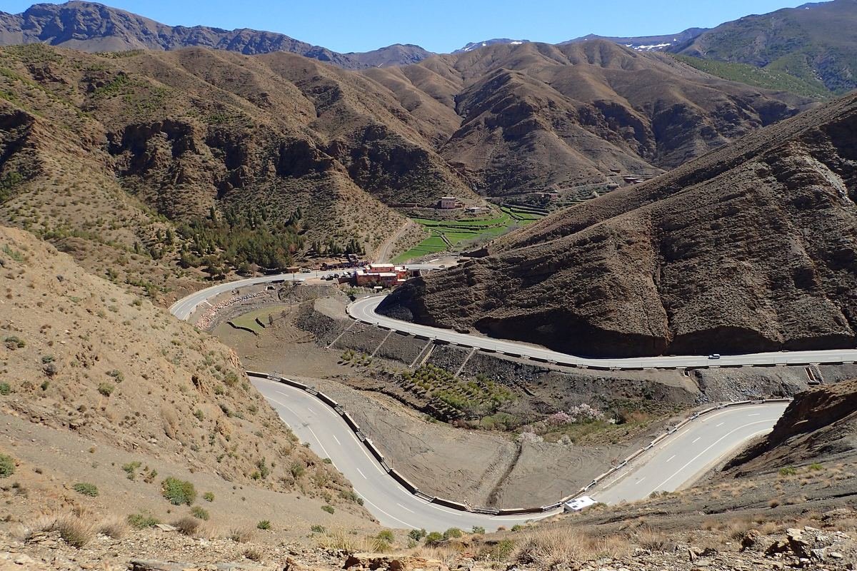 The N9 road climbing in hairpin bends through the High Atlas near the Tizi n'Tichka pass