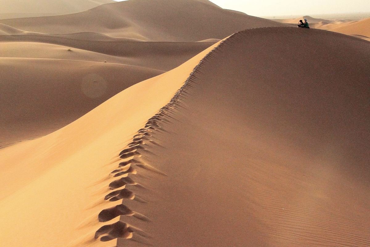 Footprints running along the sharp crest of a high dune in Erg Chegaga
