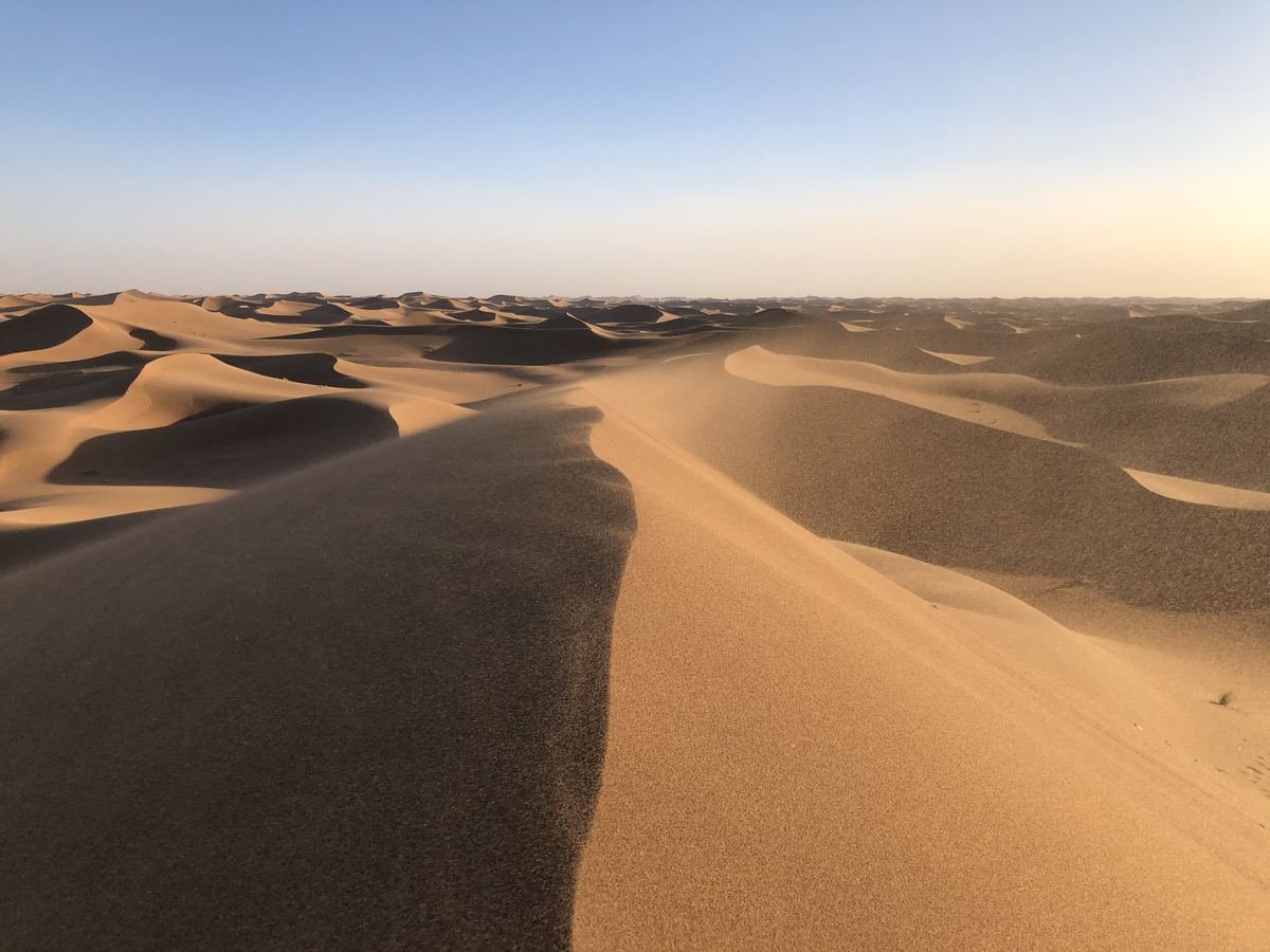 Rolling sand dunes of Erg Chegaga stretching to the horizon in soft evening light