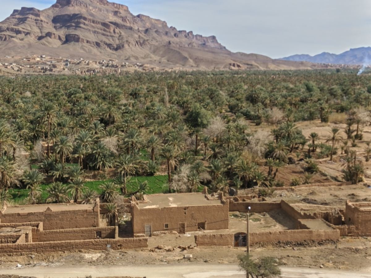 Jbel Kissane rising above the palm grove and earthen houses of Agdz in the Draa valley