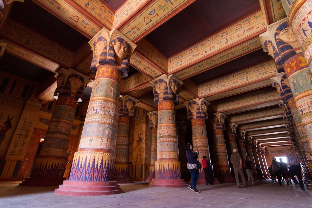 Painted Egyptian columns of a temple set at Atlas Studios in Ouarzazate